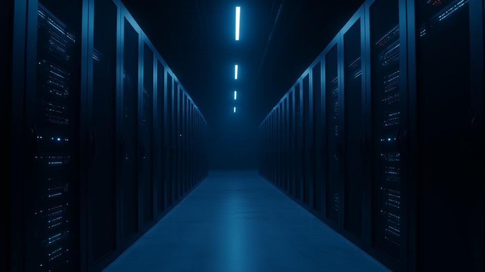 Futuristic server racks in a data center for industry-specific manufacturing